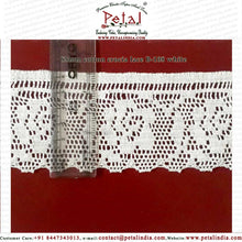 Load image into Gallery viewer, Lace Type : Crocia ,Crosia ,Torchon, Bobbin, Crochet lace, Cotton Lace Design no. : B-108 Size : 63 mm. Composition : 100 % Pure Cotton Thread. Color : White. Usage : Single side scalp lace , Edge Lace. origin : Made In India Location : Delhi NCR Manufactured & wholesaler : Petal India. Online sales : petalindia.com