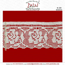 Load image into Gallery viewer, Lace Type : Crocia ,Crosia ,Torchon, Bobbin, Crochet lace, Cotton Lace Design no. : B-108 Size : 63 mm. Composition : 100 % Pure Cotton Thread. Color : White. Usage : Single side scalp lace , Edge Lace. origin : Made In India Location : Delhi NCR Manufactured & wholesaler : Petal India. Online sales : petalindia.com