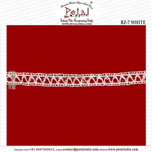 Lace Type    : Crocia ,Crosia ,Torchon, Bobbin, Crochet, Cotton Lace Design no.         : BZ-7 Size                     : 11 mm. Composition      : 100 % Pure Cotton Thread. Color                   : White, Usage                  : Border lace , Insertion Lace. Min. Order Qnt. :  Roll of 50 Meter.       origin                  : Made In India. Location              : Delhi NCR. Online sales        : petalindia.com Manufacturer & wholesaler : Petal India