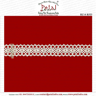Lace Type    : Crocia ,Crosia ,Torchon, Bobbin, Crochet, Cotton Lace Design no.         : B-412 rfd Size                     : 20 mm. Composition      : 100 % Pure Cotton Thread. Color                   : Rfd, Usage                  : Border lace , Insertion Lace. Min. Order Qnt. :  Roll of 50 Meter.       origin                  : Made In India. Location              : Delhi NCR. Online sales        : petalindia.com Manufacturer & wholesaler : Petal India
