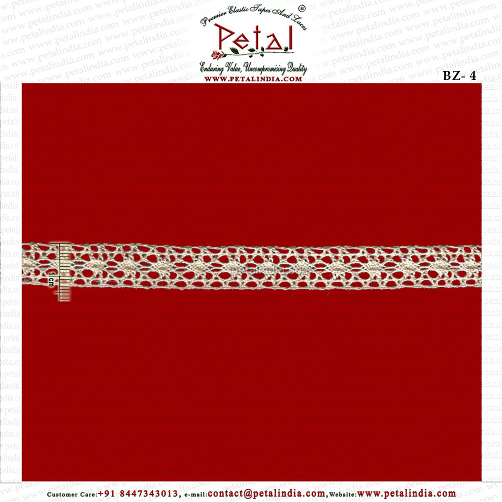 Lace Type    : Crocia ,Crosia ,Torchon, Bobbin, Crochet, Cotton Lace Design no.         : BZ-4 Size                     : 13 mm. Composition      : 100 % Pure Cotton Thread. Color                   : Natural, Usage                  : Border lace , Insertion Lace. Min. Order Qnt. :  Meter.       origin                  : Made In India. Location              : Delhi NCR. Online sales        : petalindia.com Manufacturer & wholesaler : Petal India